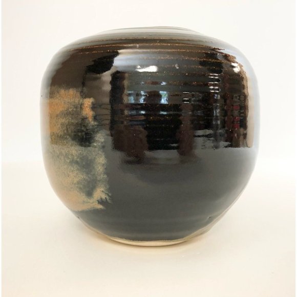Nancy Valk Studio Pottery Vase Round Brown Vintage Signed Glazed Stoneware - Picture 6 of 10